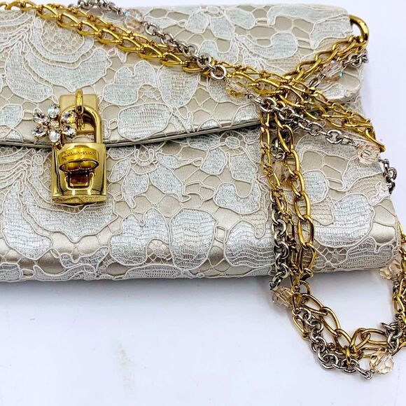 Auth Dolce & Gabbana Floral Lace Taormina Clutch Gold Silver Chains Straps - Picture 8 of 16